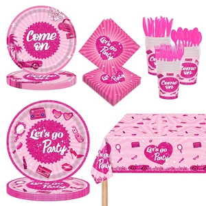 Pink retro party tableware set including plates, cups, napkins, and tablecloth with car motifs