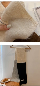 Close-up of beige knit texture and three-tone patchwork winter scarf on a hanger