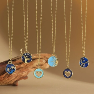 Vintage Copper Zirconia Sun Pendant Necklace Gold Plated Blue Enamel Moon Star Heart Deer Celestial Accessory For Women
