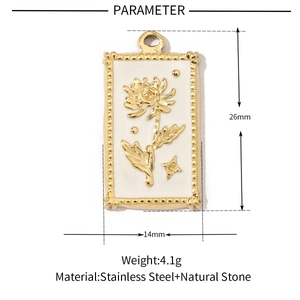 Golden rectangular stainless steel floral pendant with natural stone on white background