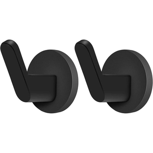 Detail of two black magnetic L-shaped metal hooks with round bases on white background