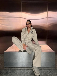 Women's beige drawstring sweatshirt and wide-leg pants two-piece set for leisure
