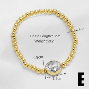 Detail view showing a 16cm gold beaded bracelet with heart emblem and sizing info