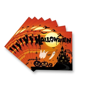 Detail of square Halloween paper napkins with orange pumpkin and ghost party designs