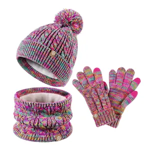 Kids Winter Beanie Hat Scarf And Gloves Knit Fleece Lined Warm Pom Pom Touchscreen Outdoor Cold Weather Accessory