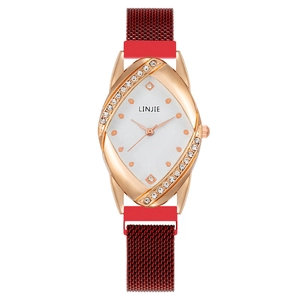 Elegant rose gold diamond-encrusted rhombic quartz watch with a red Milanese mesh band