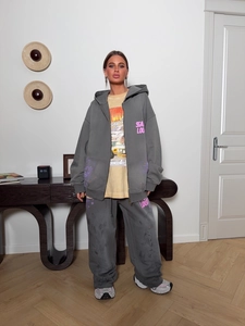 Pur Coton Imprimé Lettres Rétro Cardigan À Capuche Et Pantalon De Jogging Streetwear Sport Surdimensionné Pour Femmes