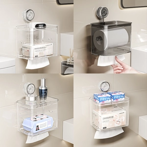 Waterproof wall-mounted suction cup tissue box with top storage shelf for bathroom