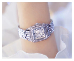 Detail showing BS Bee Sister silver square watch with crystals and Roman numerals