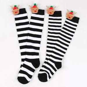 Kids Christmas reindeer doll socks with black and white stripes over-the-knee length