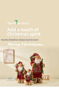 Three-piece Santa Claus doll set in red plaid festive costumes on a decorative table