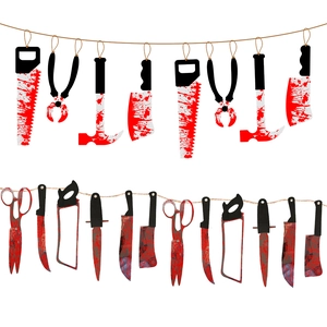 Halloween bloody tool banner featuring realistic hanging saws and blood-splattered knives