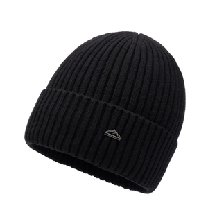 Winter black knit beanie for men with thermal fleece lining and metal logo tag