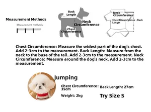 Size chart for pet clothing showing measurements for chest, back, and neck girth
