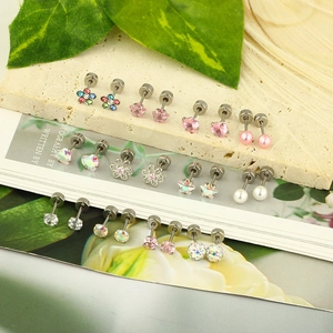 24-piece set of stainless steel star and heart stud earrings with pink cubic zirconia