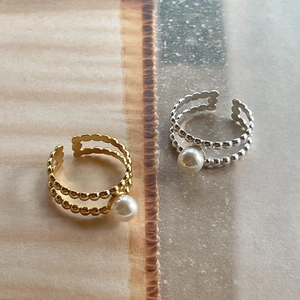 Minimalist S925 sterling silver double layer bead ring with white pearl decoration