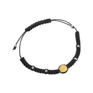 Adjustable black cord bracelet with silver beads and a golden religious medallion charm