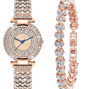 Luxurious rose gold quartz watch and heart bracelet set with sparkling rhinestones
