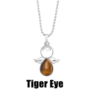 Detailed view of angel pendant featuring a polished Tiger Eye stone on a ball chain