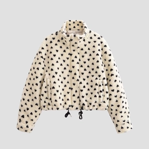 Damen Fleecejacke Herzmuster Lammwolle Stehkragen Reißverschluss Kordelzug Saum Lose Kurzjacke