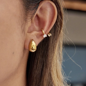 Gold stainless steel teardrop stud and zircon ear cuff set with heart and square crystals