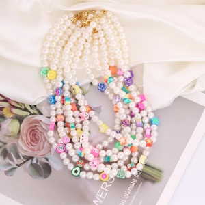 Polymer Clay Artificial Pearl Beaded Necklace Bohemian Colorful Fruit Animal Heart Yin Yang Gold Plated Choker Jewelry For Women