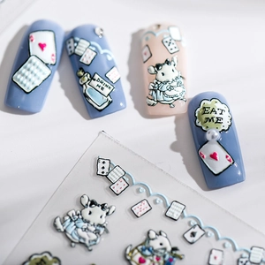 3D embossed Alice in Wonderland nail stickers with poker and rabbit designs