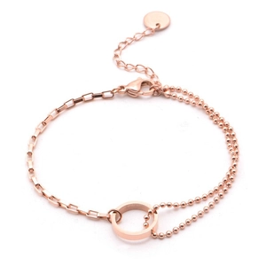 Double-layered rose gold titanium steel bracelet with circular charms and bead chains
