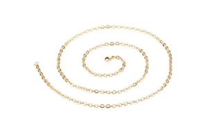 Detail of a golden stainless steel O-link chain necklace with a lobster clasp closure
