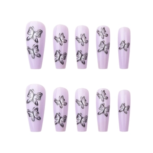 Long coffin lavender fake nails with black butterfly patterns, 10-piece set for women