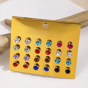 Set of 12 pairs colorful rhinestone stud earrings on a golden display card
