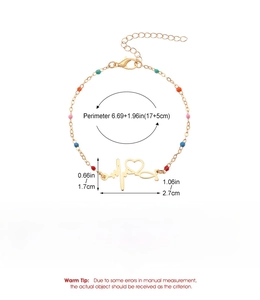 Detailed specs of gold EKG bracelet with colored beads showing 17+5cm length and weight