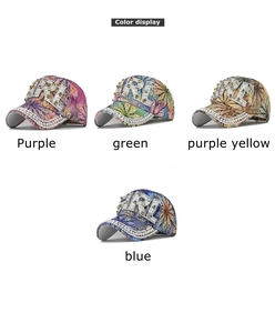 Detail showing four color options of floral baseball caps with pearl and rhinestone accents
