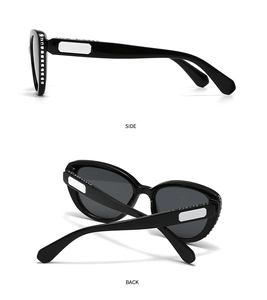 Detail side and back views of black cat-eye sunglasses with rhinestone crystal embellishments