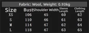 Detailed size chart for faux fur hooded jacket showing XS to L measurements and weight
