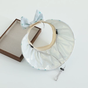 Detail of floral bow and protective inner coating on girls' sun visor shell hat