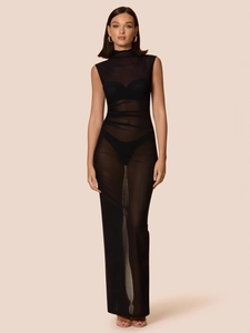 Vestito Lungo In Rete Trasparente Senza Maniche Collo Alto Slim Fit Arricciato Bodycon Spacco Posteriore Sexy Party Donna