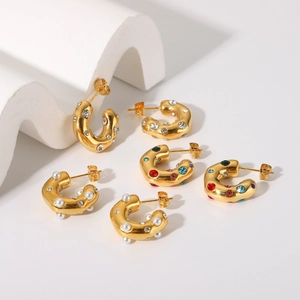 Three pairs of 18K gold plated C-shaped earrings with pearls, crystals and colorful gems