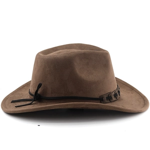 Detail of wide brim suede jazz hat with vintage black leather band and bowknot design