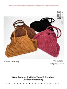 Detailed top view of four hand-woven leather tote bags in various autumn colors