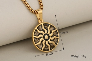 Detailed view of sun god pendant showing 29mm height and 25mm width dimensions