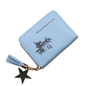 Minimalist light blue PU leather mini coin purse with bamboo leaf print and tassel zipper