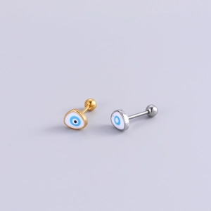 Evil eye stud earrings with blue enamel in gold and silver stainless steel finish