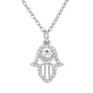 Silver Hamsa hand necklace with pavé set micro zircons and central crystal on O-chain
