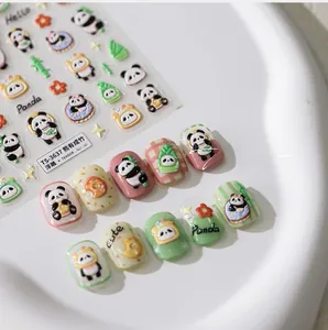 Macro detail of TS-3637 3D panda nail stickers with embossed bamboo and flower patterns