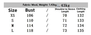 Detailed size chart for retro wool coat with belted waist and premium fabric specs