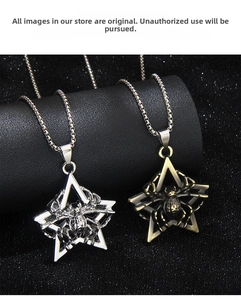 Gothic pentagram spider necklaces in silver and bronze finish on display stand