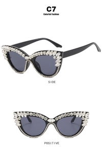Cat eye sunglasses with black frame and white rhinestones in front and side views
