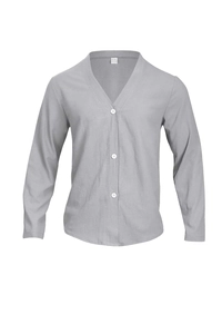 Detail view of a light gray long-sleeve knit cardigan featuring a V-neck and button closure