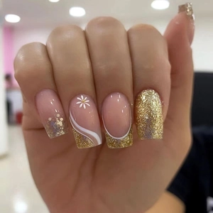 Faux Ongles À Presser Paillettes Dorées Rose Nu Style Français Motif Floral Carré Rond Pour Femmes Mode